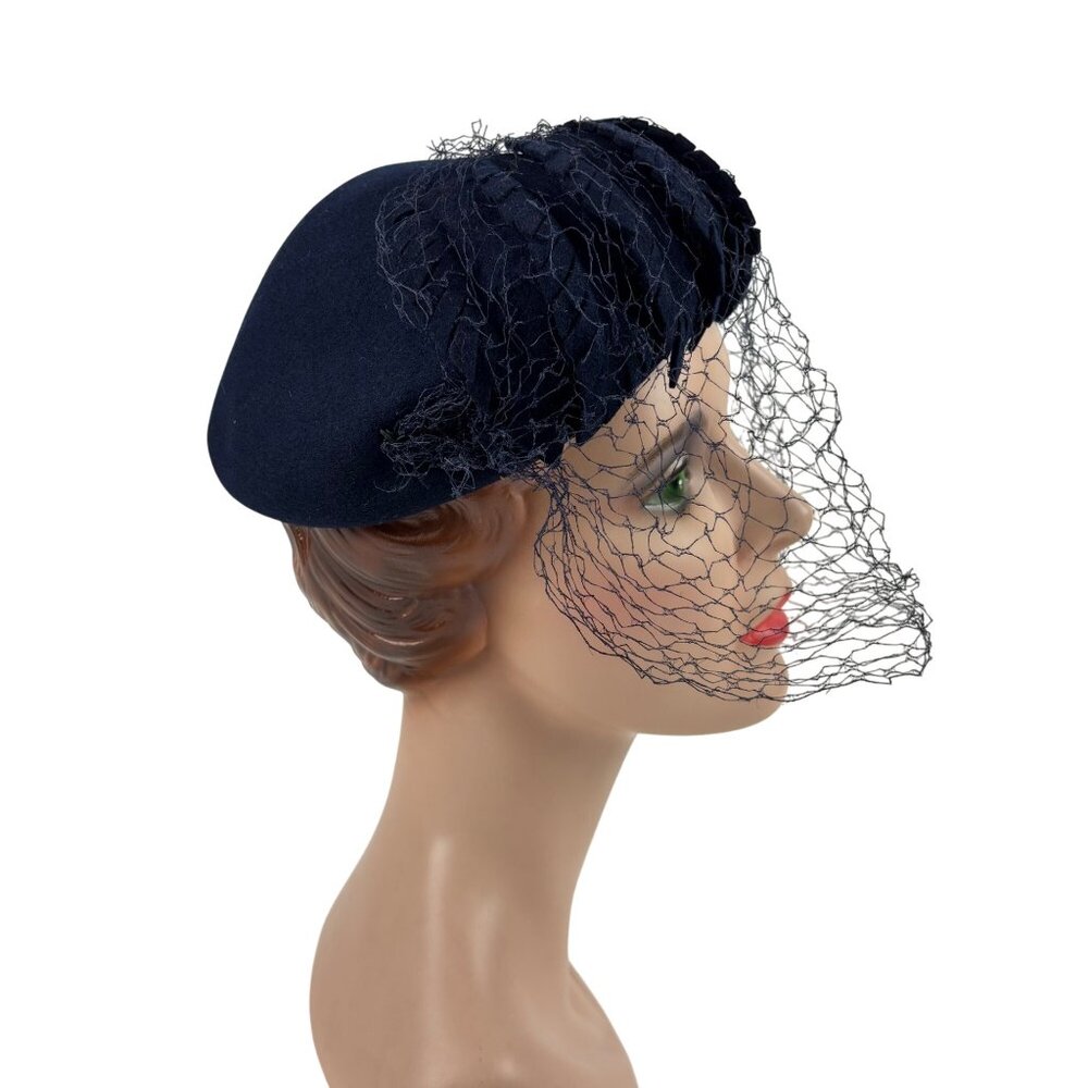 Vintage 50s Navy Hat Blue Veil Wool Scaled Calot Starling - Picture 4 of 11